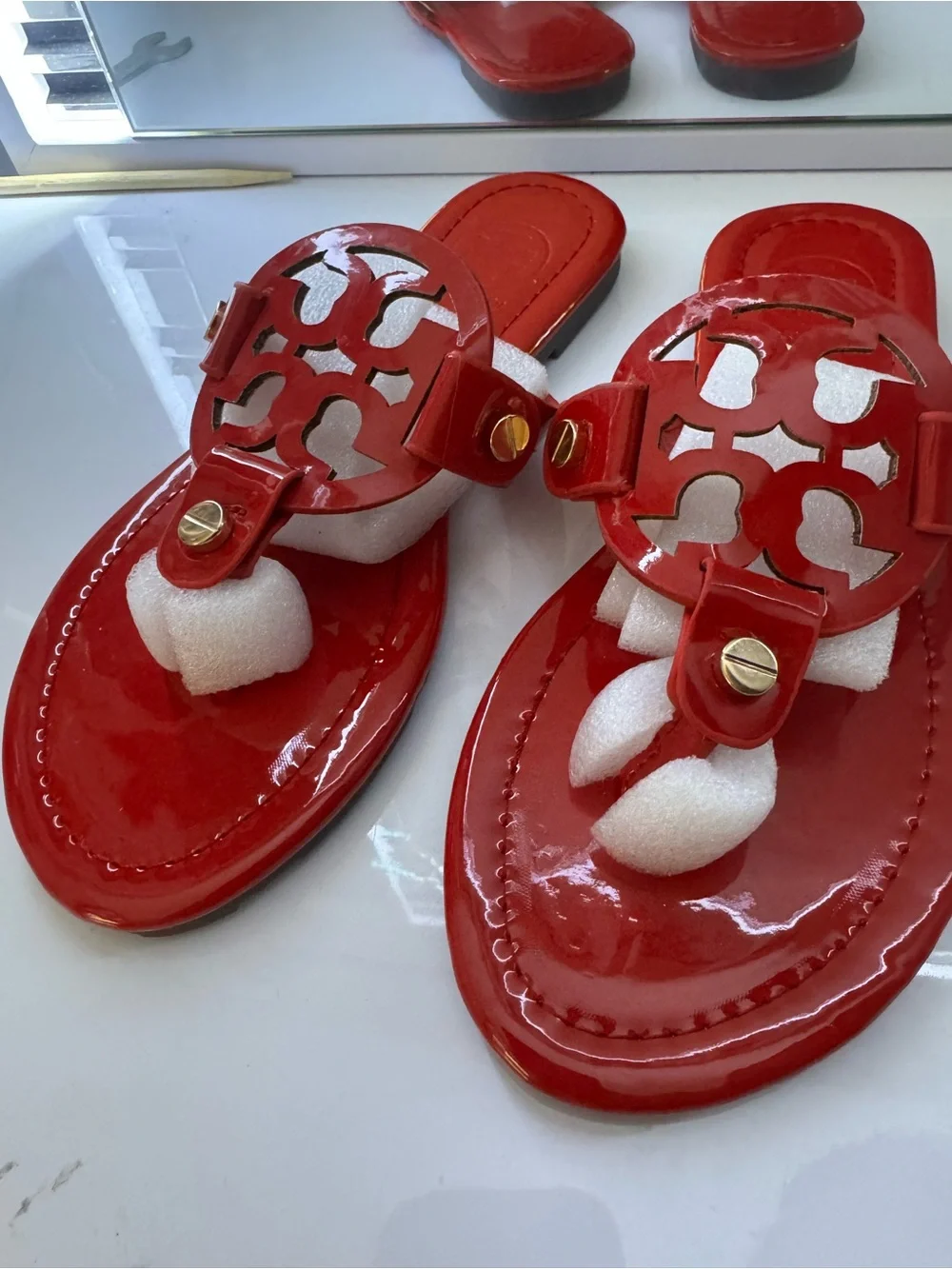 Tory Burch Red Patent Miller Logo Thong Sandals